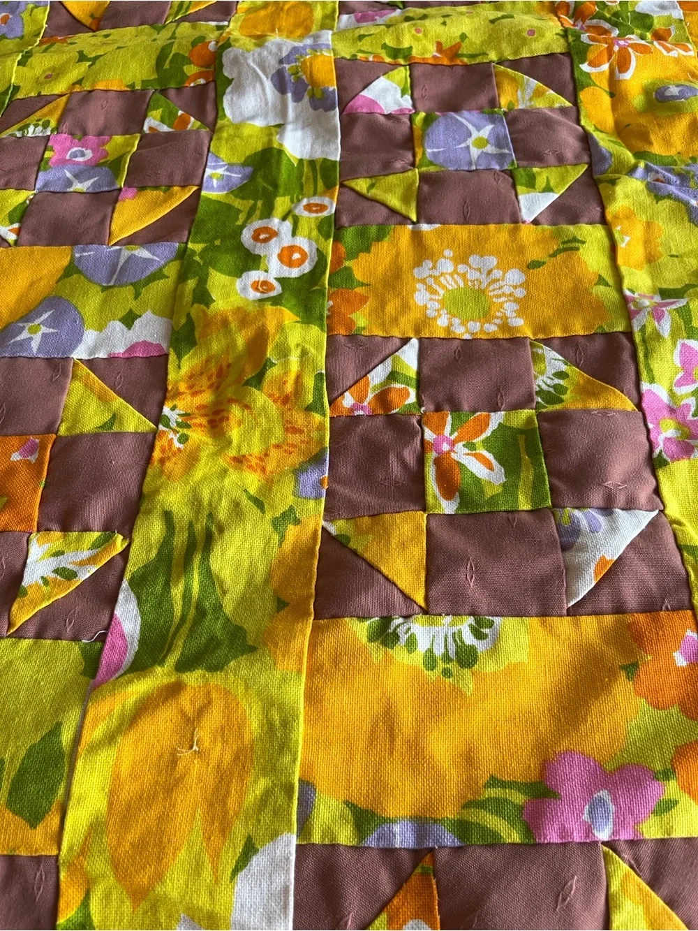 Vintage Vibrant Floral Patchwork Quilt Mid-Century Colors Yellow & Brown 64x80